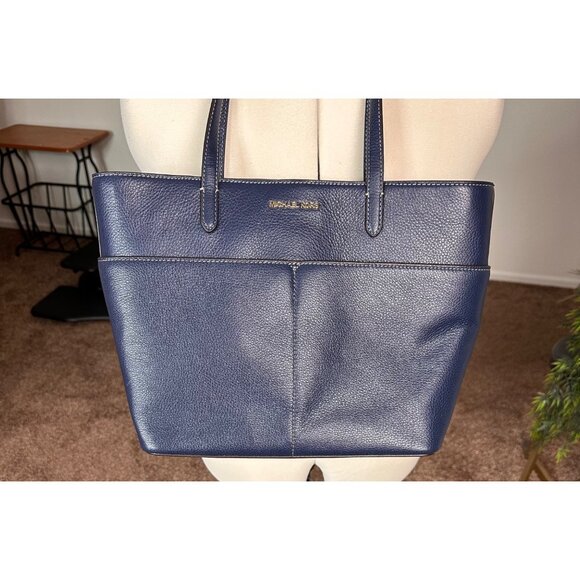 Michael Kors Logo Navy Blue Leather Tote Bag Purse | Dual Handles Front Pockets - Picture 5 of 15
